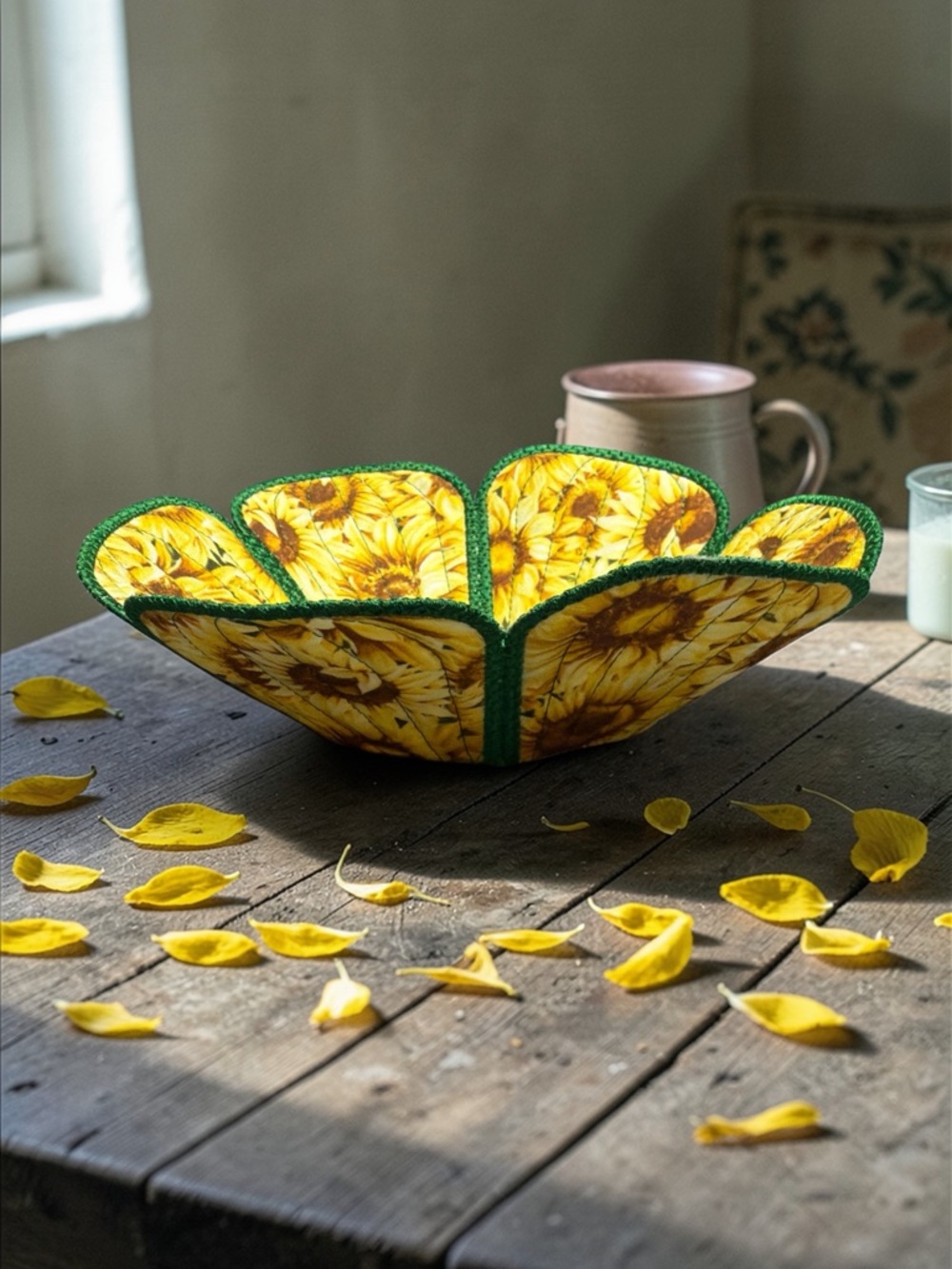Hand Crafted Basket Bowl Quilted 8” round x 3” tall Sunflower with Green Trim